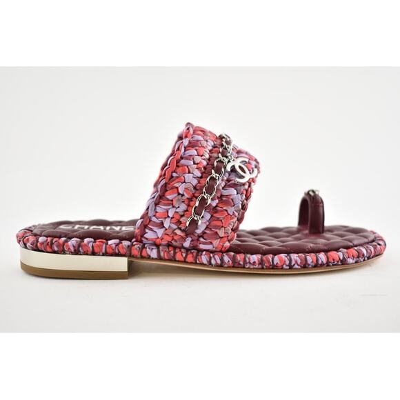 Chanel 20S Red Purple Raffia Tweed CC Chain Logo Mule Slide Strap Flat Sandal 36 - Picture 3 of 12